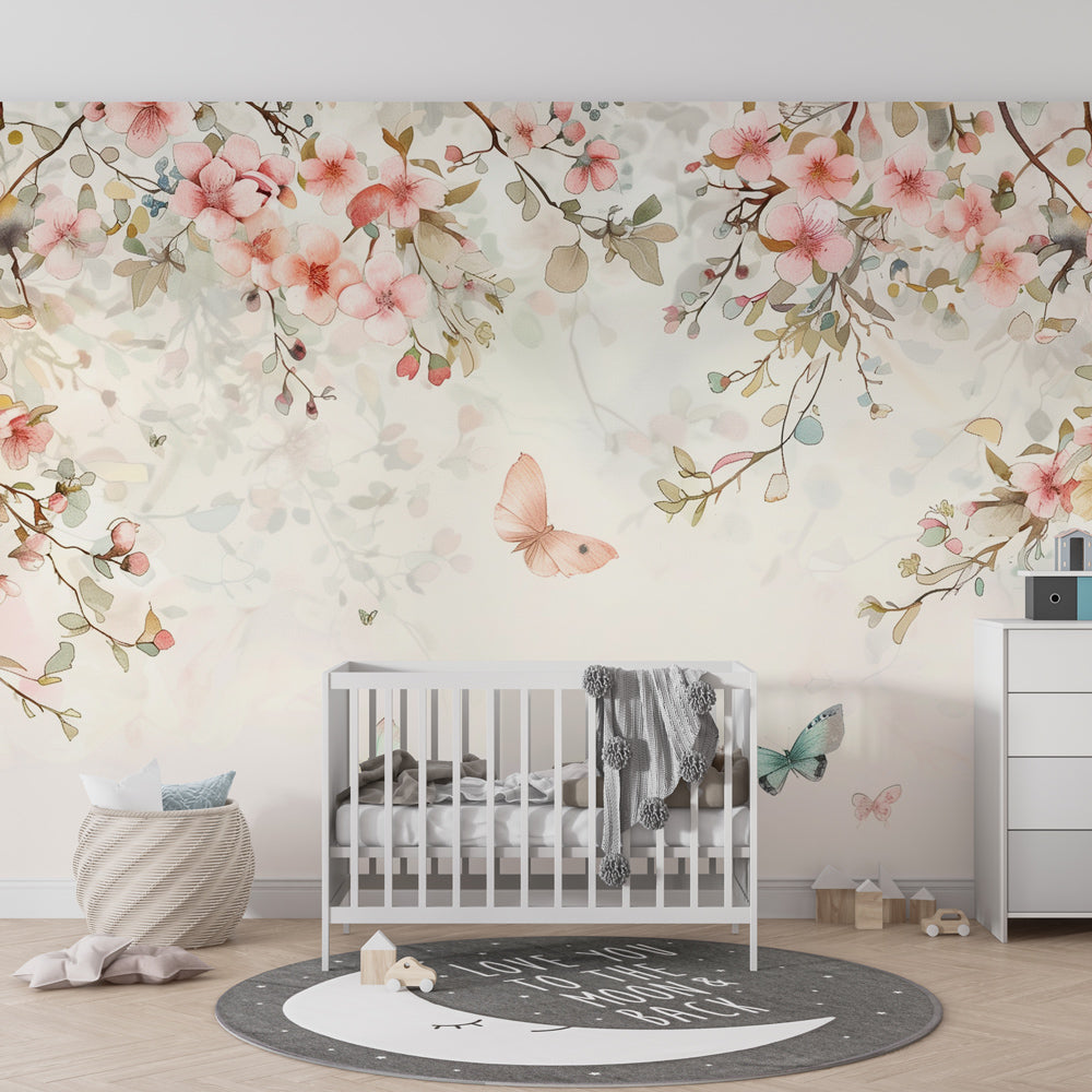 Baby room featuring delicate butterfly wallpaper with pink petals and beige tones by Kids-Mundo