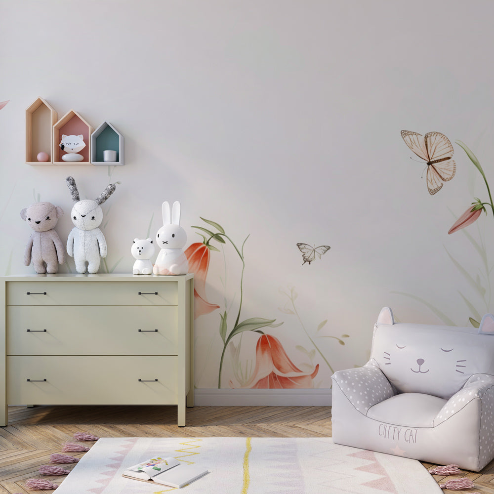 Delicate floral mural wallpaper with dancing butterflies in modern playroom setting