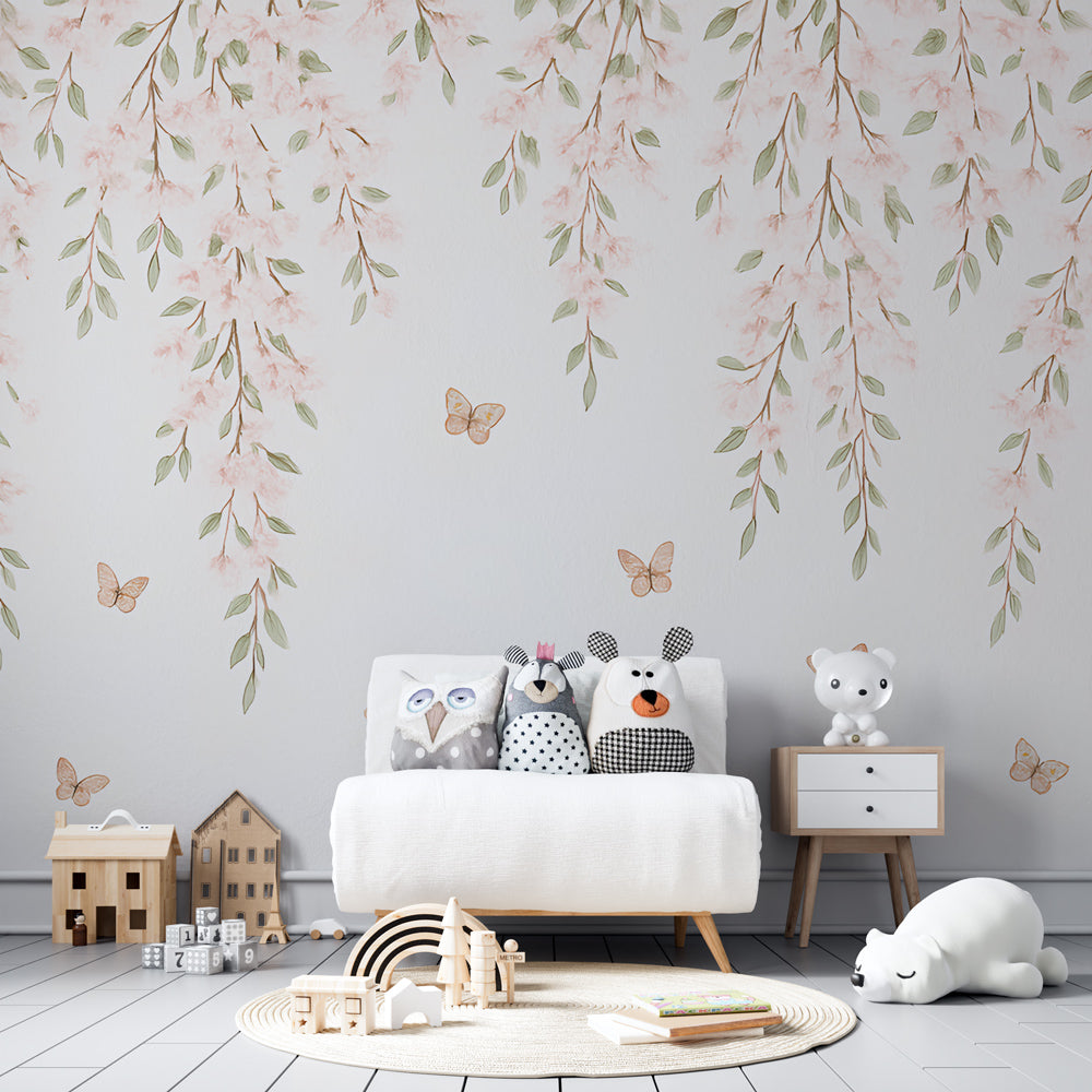 Botanical butterfly mural wallpaper transforming kids playroom into garden sanctuary