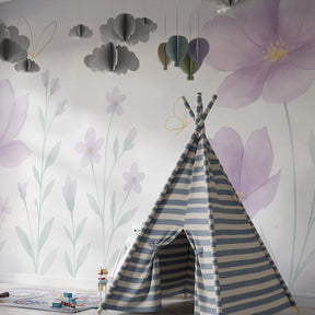 Delicate floral butterfly mural wallpaper transforming kids playroom into peaceful garden space