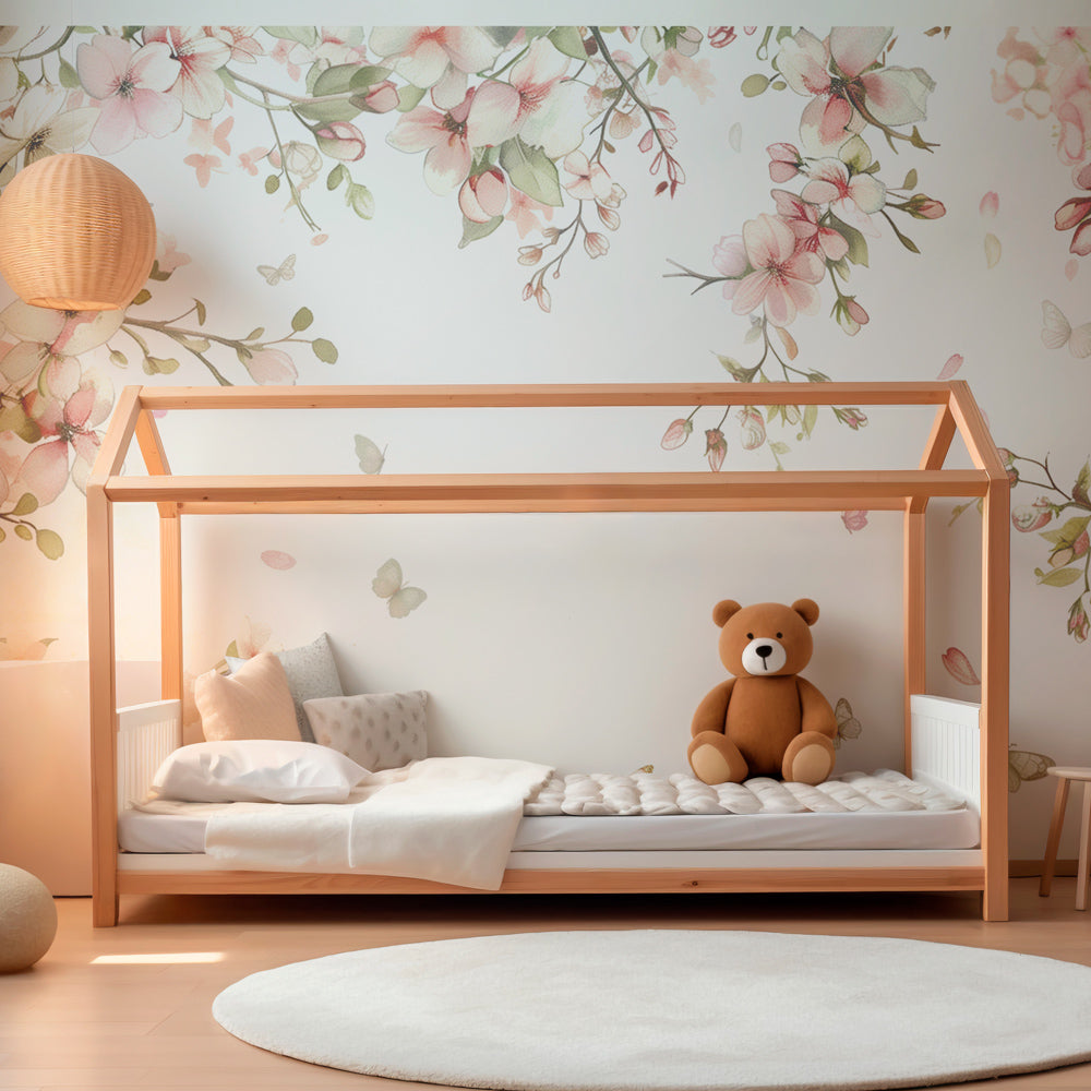 Multicolored watercolor nursery wallpaper with botanical butterfly design for kids room