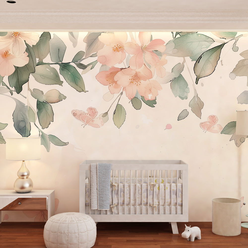 Pastel butterfly garden wallpaper creating serene toddler bedroom atmosphere