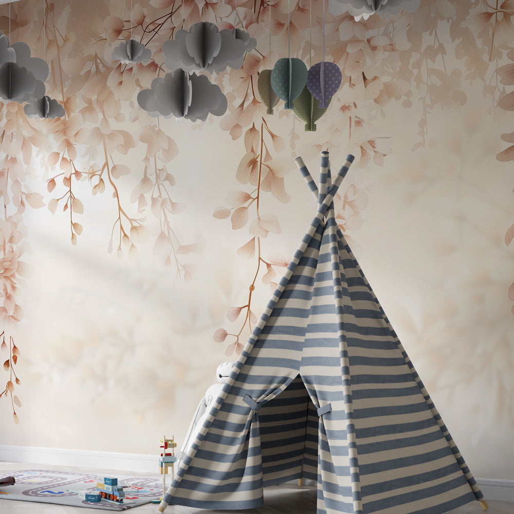 Pastel floral cascade wallpaper creating peaceful atmosphere in baby's room by Kids-Mundo