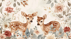 Detailed floral deer mural wallpaper design pattern showing dreamy fawns and multicolored flowers by Kids-Mundo