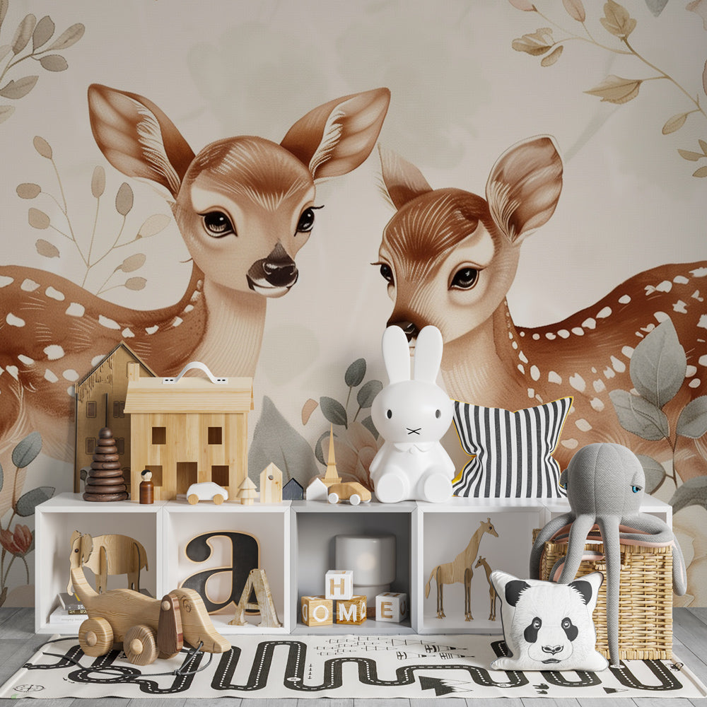 Gentle deer and flowers mural wallpaper complementing nursery furniture and soft decor elements