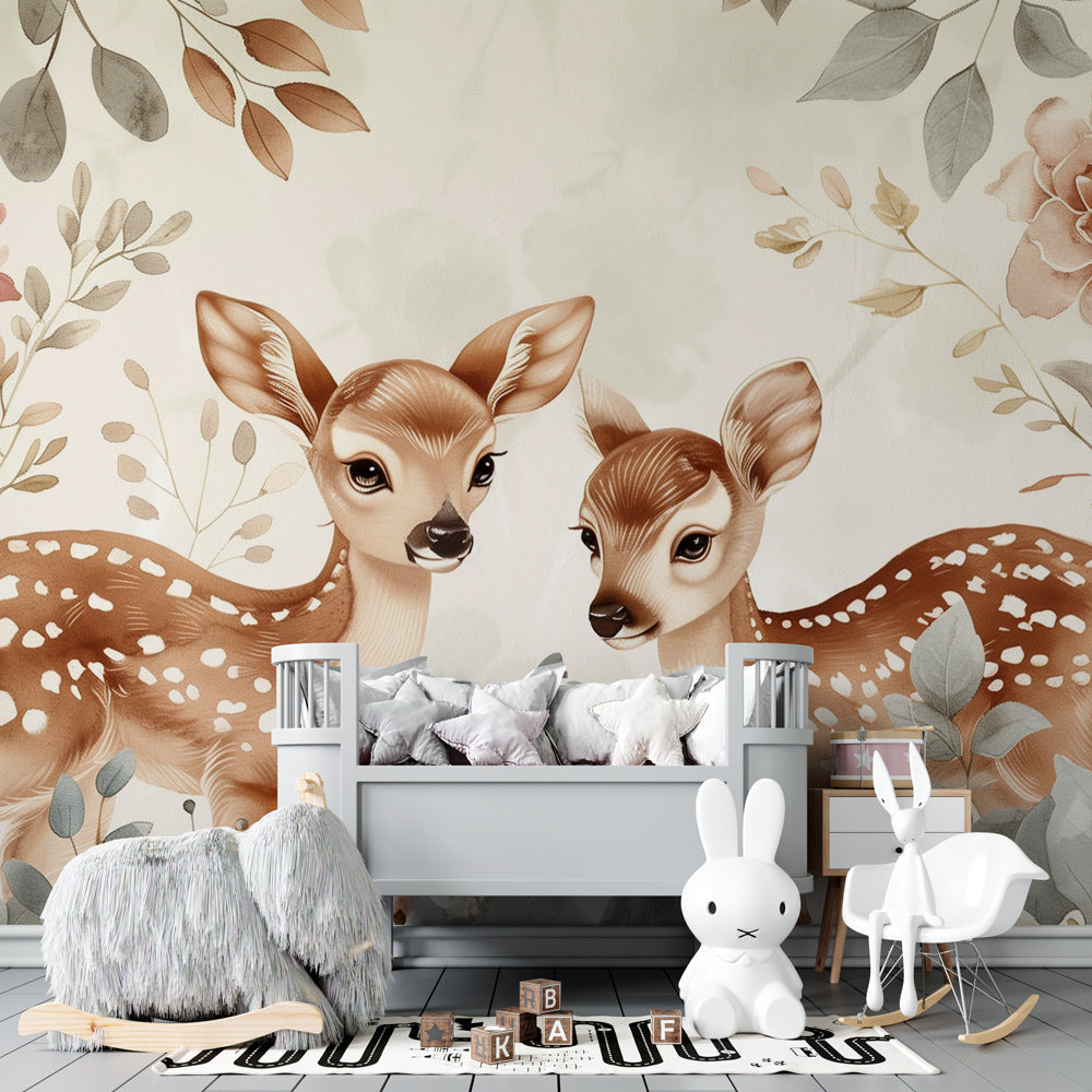 Woodland fawn wallpaper in modern toddler bedroom showing peaceful floral design by Kids-Mundo