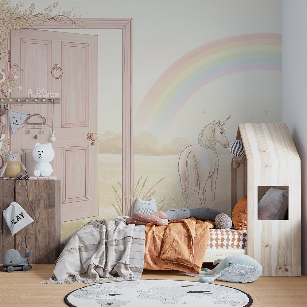 Kids-Mundo illustrated unicorn and rainbow wall mural in a whimsical children's bedroom.