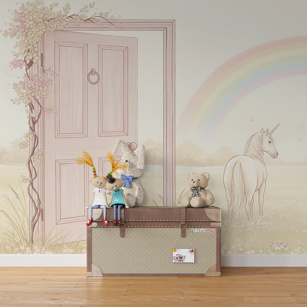Kids-Mundo floral door unicorn rainbow wall mural adding storybook charm to a playroom.