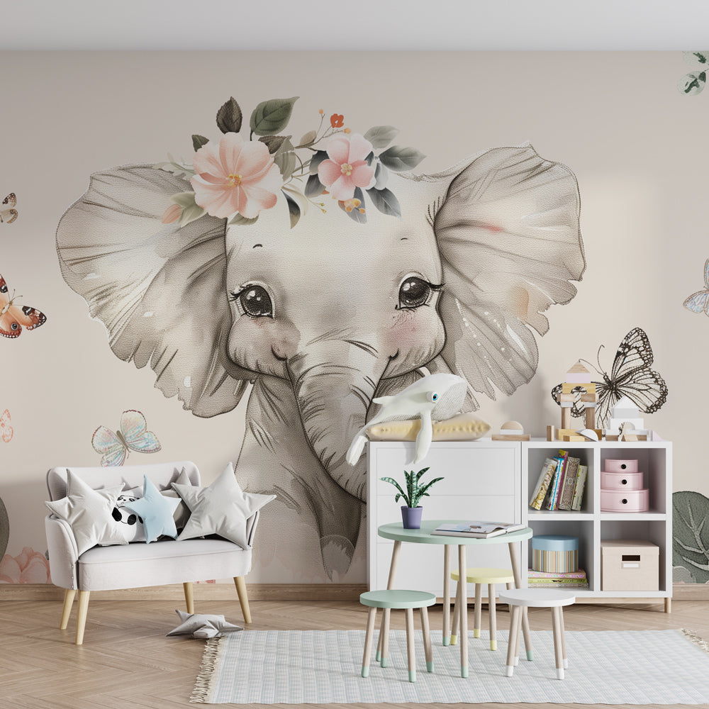 Kids-Mundo watercolour elephant floral mural styled in an elegant girl's bedroom