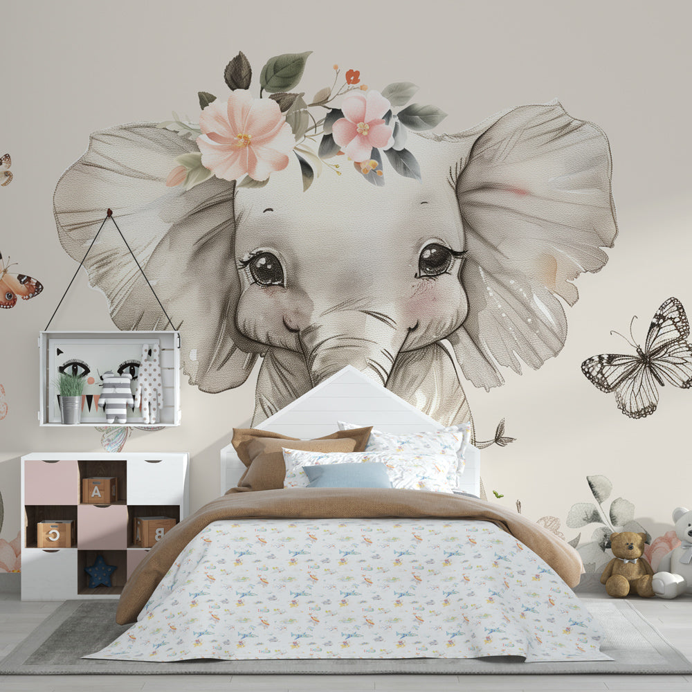 Kids-Mundo floral elephant butterfly mural fitted in a bright children's playroom