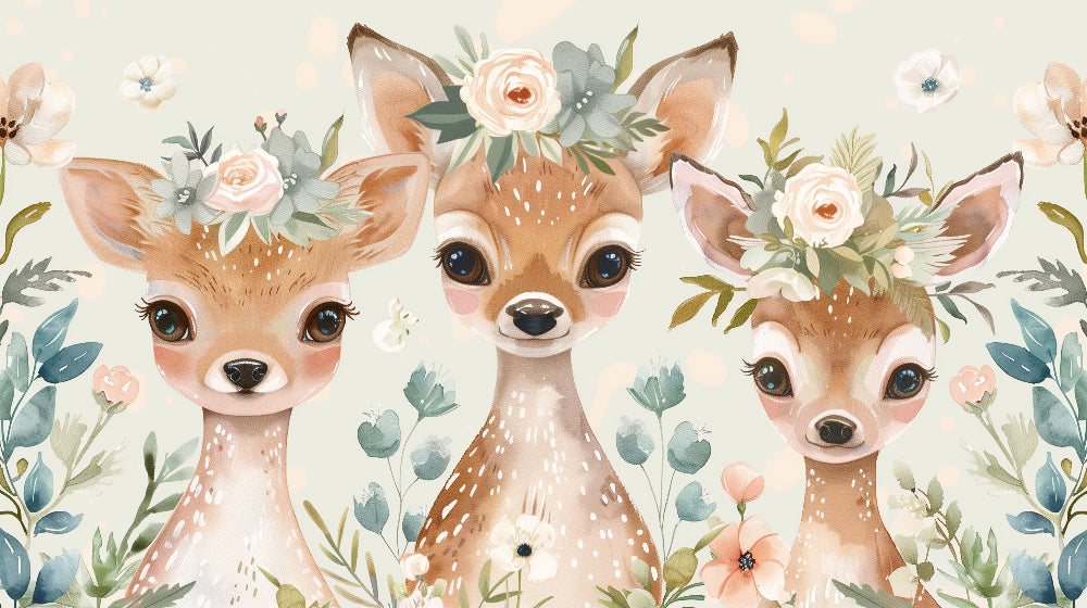 Detailed floral fawn mural wallpaper design pattern with pastel wildflowers by Kids-Mundo
