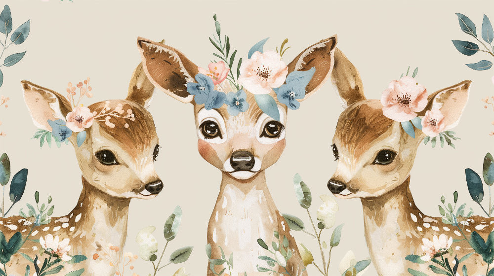 Detailed floral fawn mural wallpaper design pattern showing trio of woodland creatures by Kids-Mundo