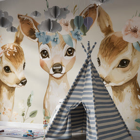 Beige and pastel fawn mural wallpaper transforming nursery wall into peaceful woodland scene