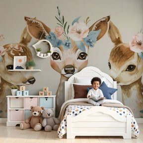 Floral fawn mural wallpaper creating serene nursery decor with pastel botanical design by Kids-Mundo