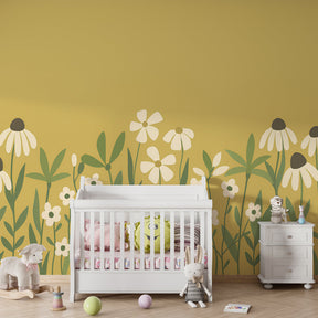 Spring flower mural wallpaper in modern kids bedroom with natural wood furniture and soft lighting