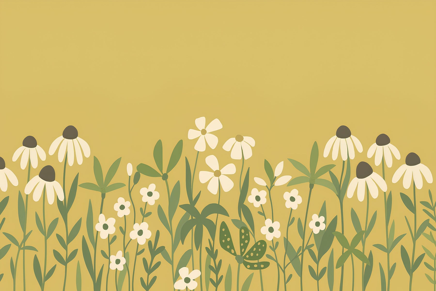 Detailed floral field mural wallpaper design pattern featuring white and green flowers on yellow background