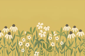Detailed floral field mural wallpaper design pattern featuring white and green flowers on yellow background
