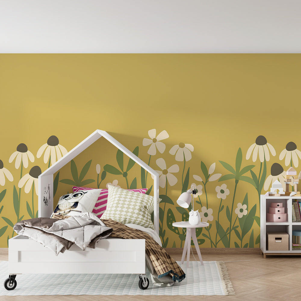 Delicate flower wallpaper transforming children's playroom into peaceful garden sanctuary by Kids-Mundo