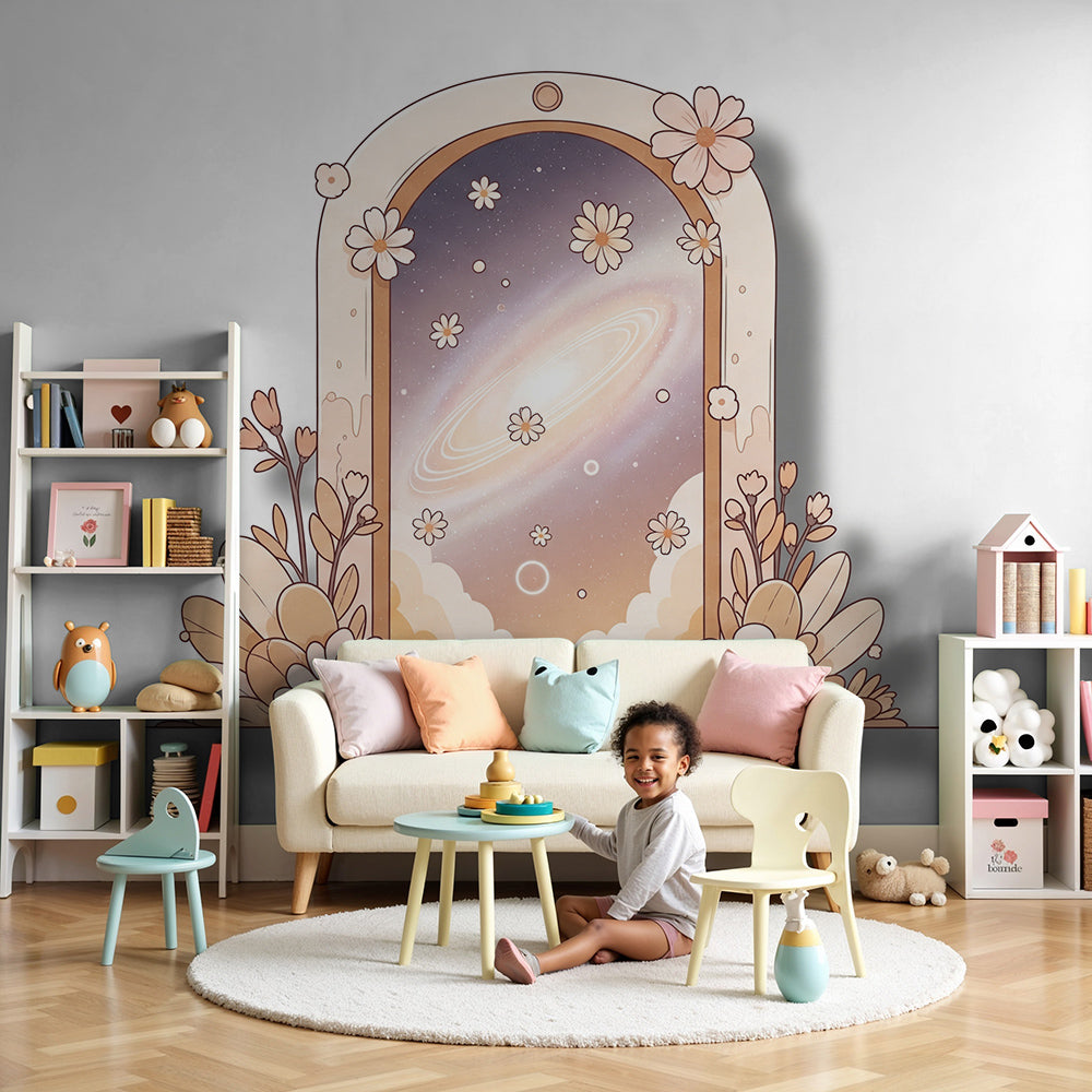 Kids-Mundo floral galaxy portal wall mural styled as dreamy watercolour nursery wallpaper