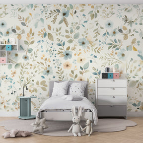 Pastel botanical wallpaper in modern baby bedroom with natural spring garden theme