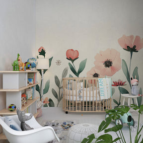 Soft pastel floral wallpaper in modern baby bedroom with botanical garden theme