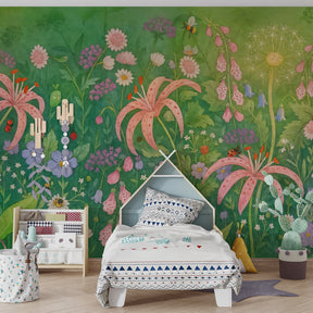 Fairy tale floral mural wallpaper in modern children's bedroom with natural light