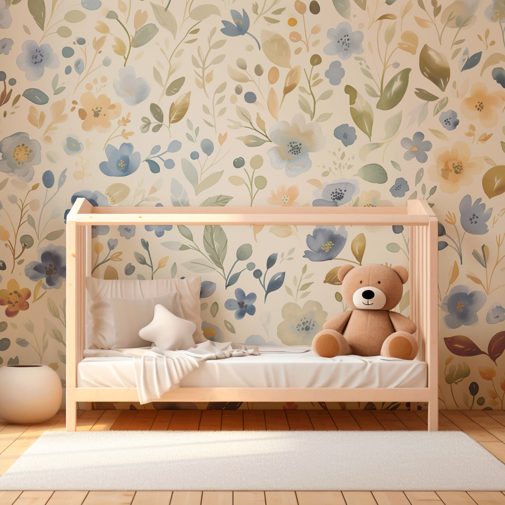 Pastel floral mural wallpaper transforming kids bedroom into serene botanical sanctuary by Kids-Mundo