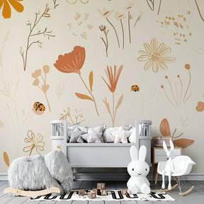 Butterfly garden wallpaper creating peaceful children's bedroom decor with beige tones