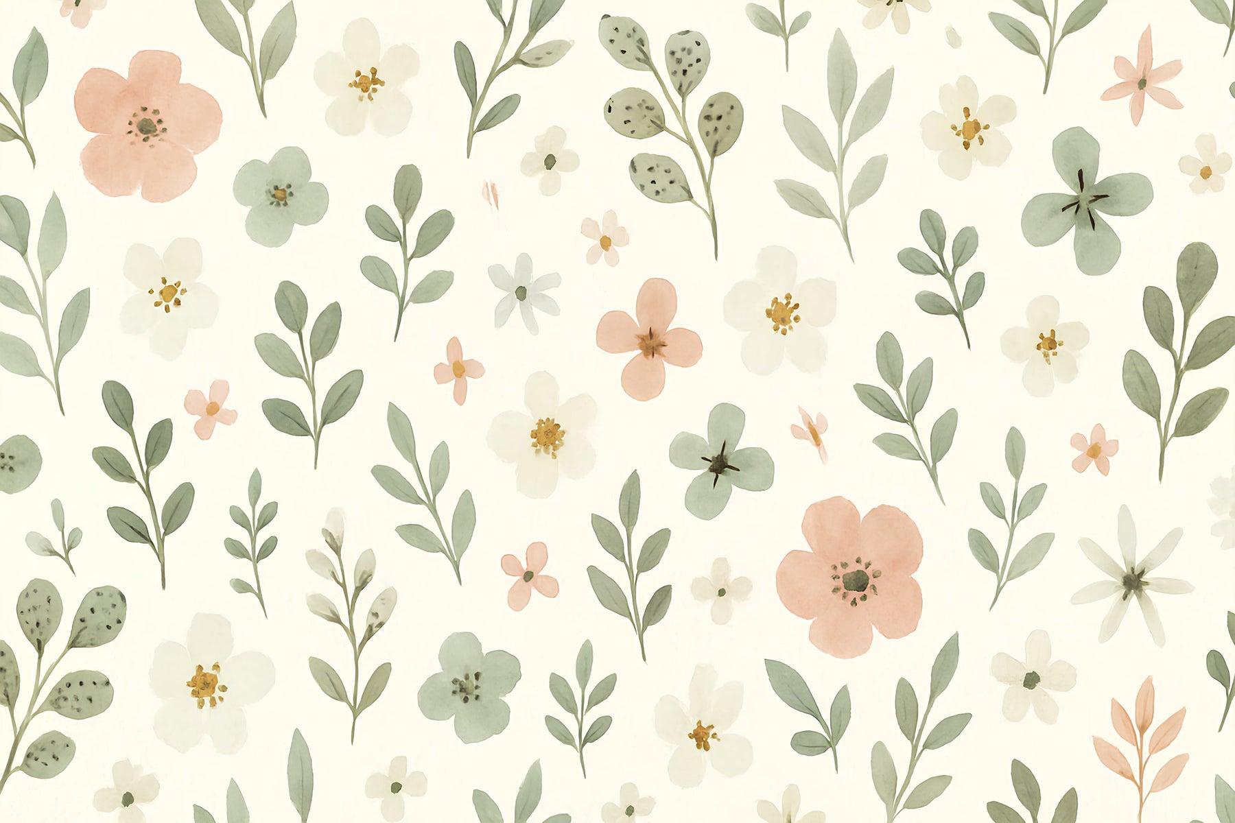 Detailed floral garden mural wallpaper design pattern with delicate pink white flowers and green foliage by Kids-Mundo