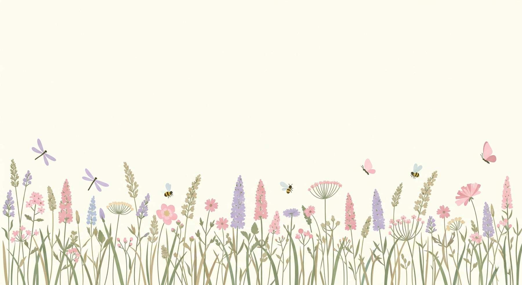 Detailed meadow flowers and insects mural wallpaper design pattern with pastel colors by Kids-Mundo