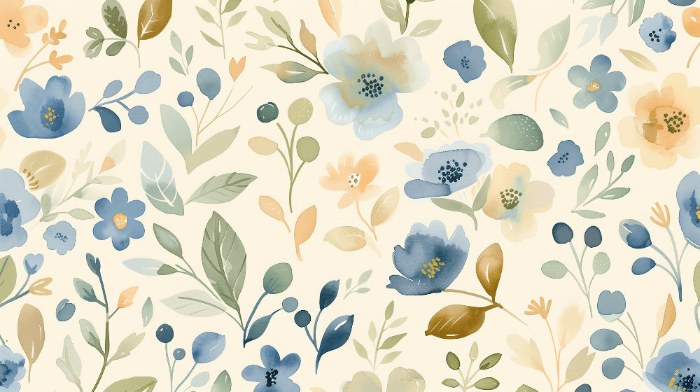 Detailed floral garden mural wallpaper design pattern with pastel blue blooms by Kids-Mundo