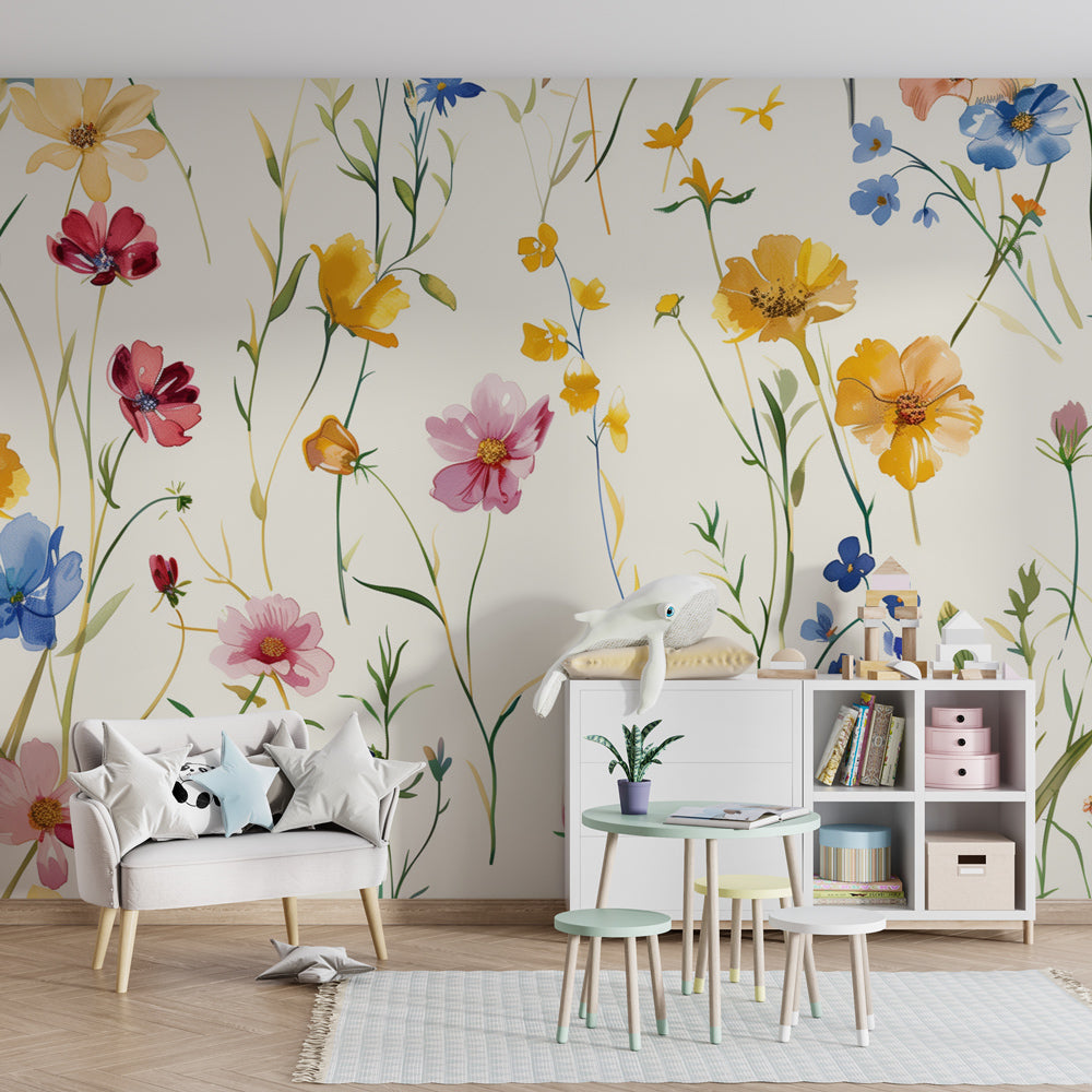 Green floral garden mural wallpaper creating magical children's bedroom decor with nature theme