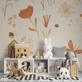 Soft floral mural wallpaper with dancing butterflies for dreamy kids room by Kids-Mundo