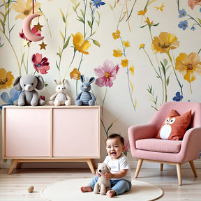 Vibrant floral garden mural wallpaper in bright nursery with green botanical designs by Kids-Mundo