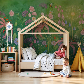 Floral garden mural wallpaper creating magical nursery decor with multicolor blooms by Kids-Mundo