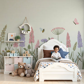 Floral garden mural wallpaper with meadow flowers creating enchanting nursery decor by Kids-Mundo