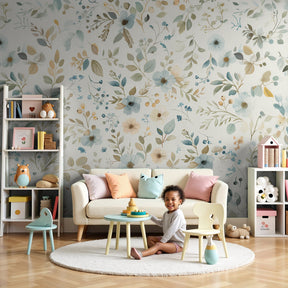 Soft beige floral garden mural wallpaper creating peaceful nursery atmosphere by Kids-Mundo