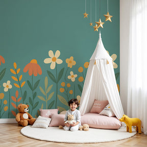Colorful wildflower garden mural wallpaper in bright children's nursery room by Kids-Mundo