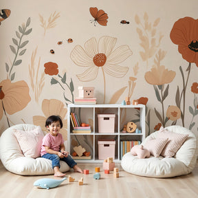 Floral garden mural wallpaper with butterflies and poppies decorating a peaceful nursery by Kids-Mundo