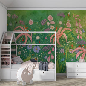 Multicolor garden wallpaper transforming kids playroom into enchanted fairy tale space