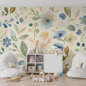 Children's floral garden wallpaper transforming playroom with gentle pastel blooms