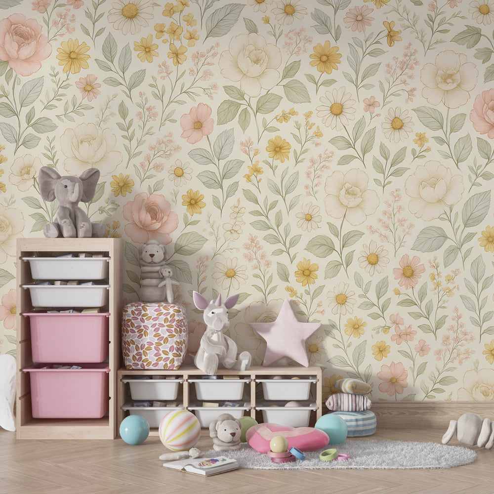Spring garden mural wallpaper transforming kids playroom with roses, daisies and wildflowers