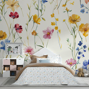 Colorful botanical mural wallpaper transforming kids playroom into enchanting garden space