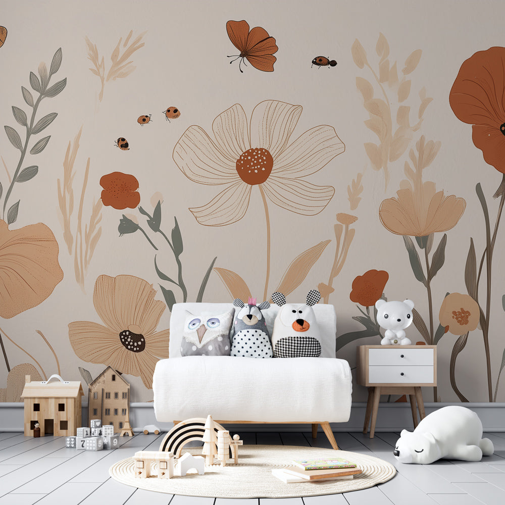 Nature-inspired floral mural wallpaper with beige tones in modern kids playroom setting