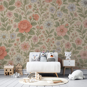 Soft pink and blue floral wallpaper transforming children's playroom decor