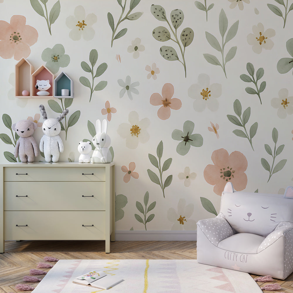 Nature-inspired floral wallpaper creating serene garden atmosphere in modern kids playroom setting