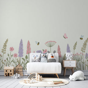 Pastel flower and insect mural wallpaper transforming toddler bedroom into magical garden by Kids-Mundo