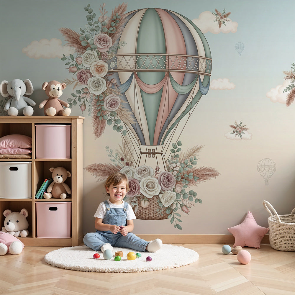 Kids-Mundo floral hot air balloon wall mural styled as made-to-measure wallpaper in a soft baby's nursery.