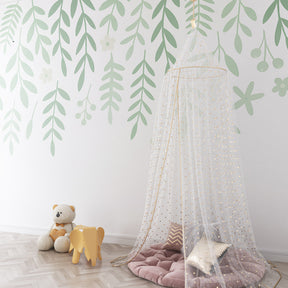 Botanical floral leaves wallpaper in modern children's bedroom with natural lighting