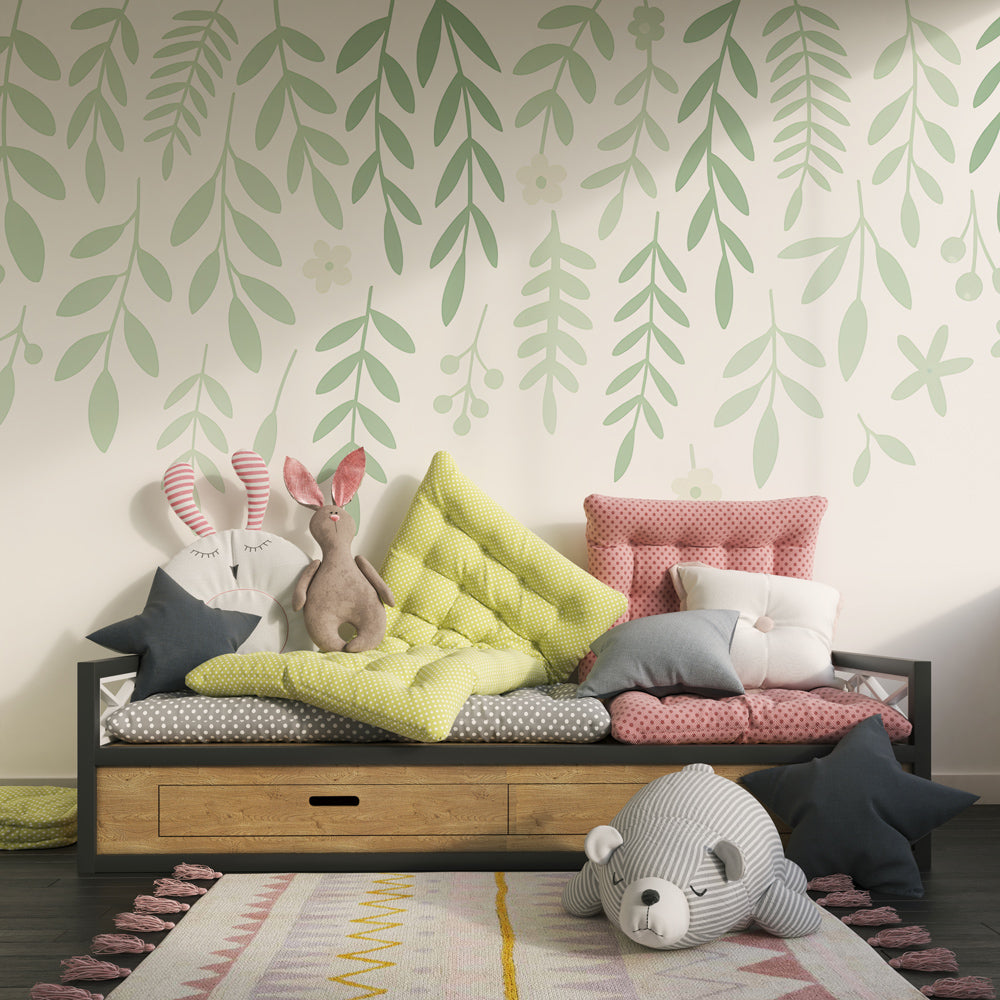 Hanging garden mural wallpaper complementing wooden furniture in kids room by Kids-Mundo
